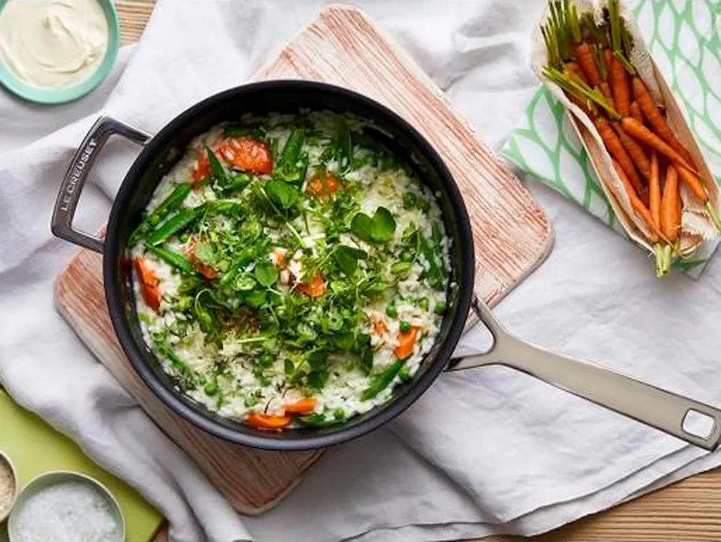 Risotto de primavera de espelta verde