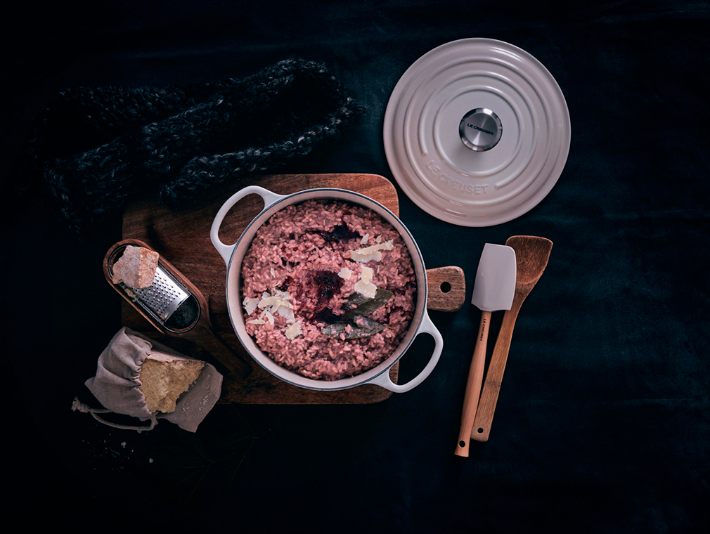 Risotto con reducción de vino tinto